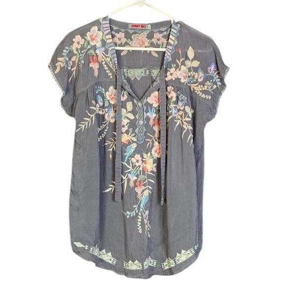 Johnny Was Dreaming Embroidered Tie-front Blouse in Gray Women's XS - Picture 2 of 7